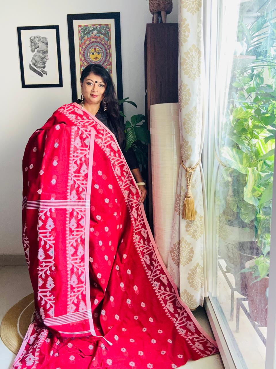 Handcrafted Maroon Cotton Silk Soft Jamdani Saree