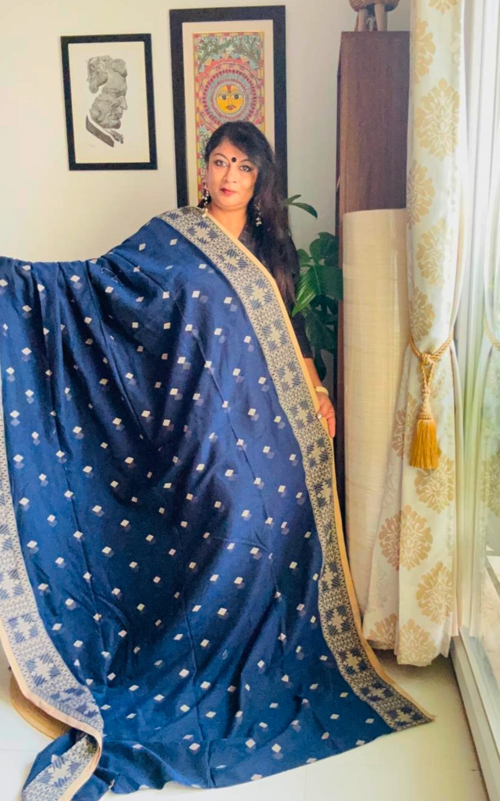 Handcrafted Navy Blue Cotton Khadi Jamdani Saree