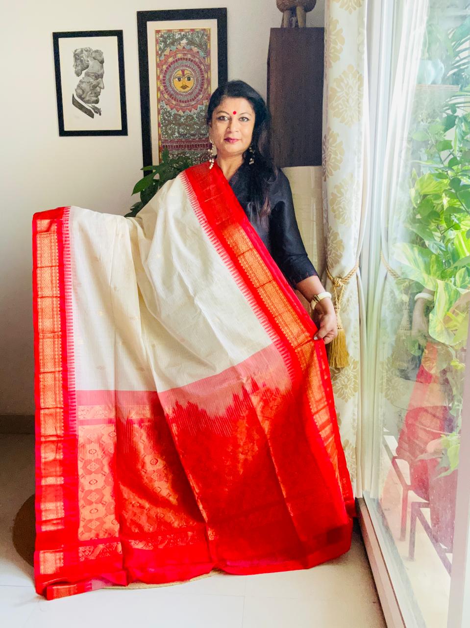 Handcrafted White Gadwal Cotton Saree with Red Zari Border