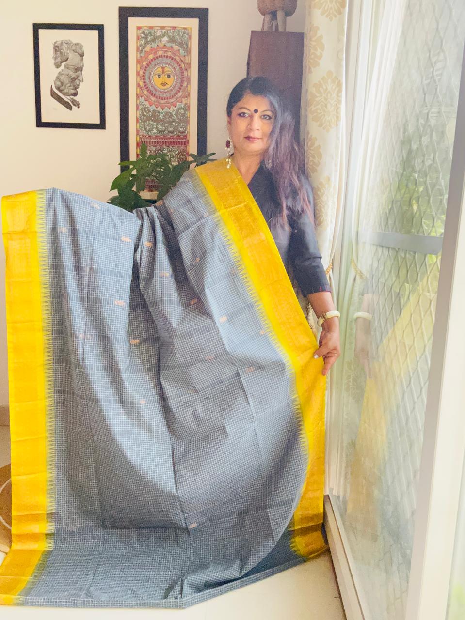 Handcrafted Charcoal Grey Gadwal Cotton Saree with Yellow Zari Border