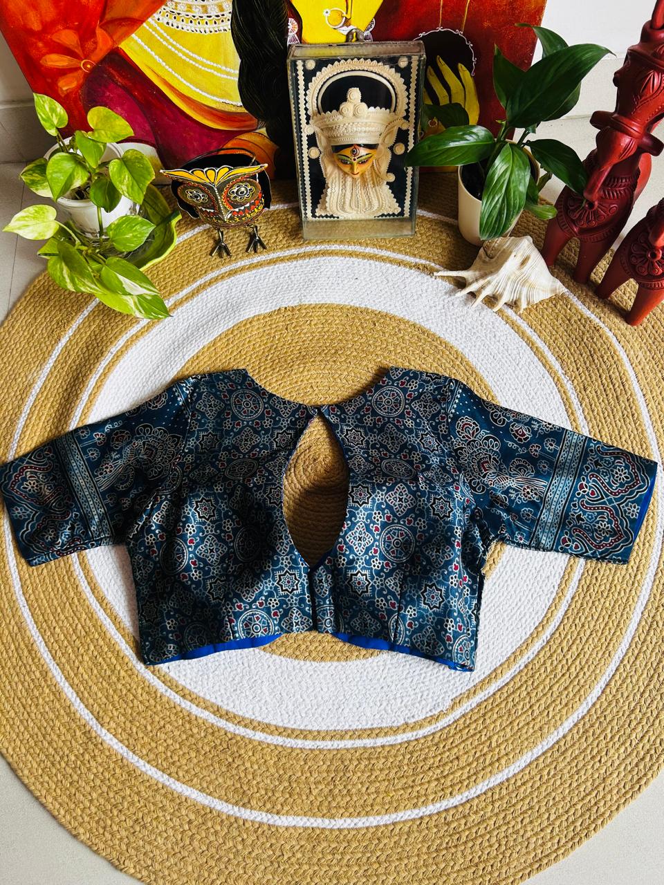 Handcrafted Indigo Blue Ajrakh Modal Silk Padded Blouse