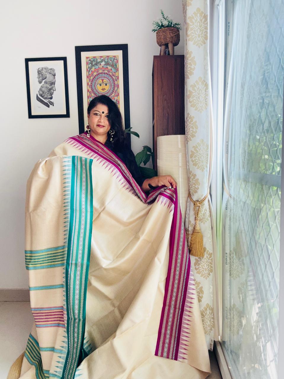Handcrafted Vidarbha Tussar Saree with Magenta & Leaf Green Karvati Border