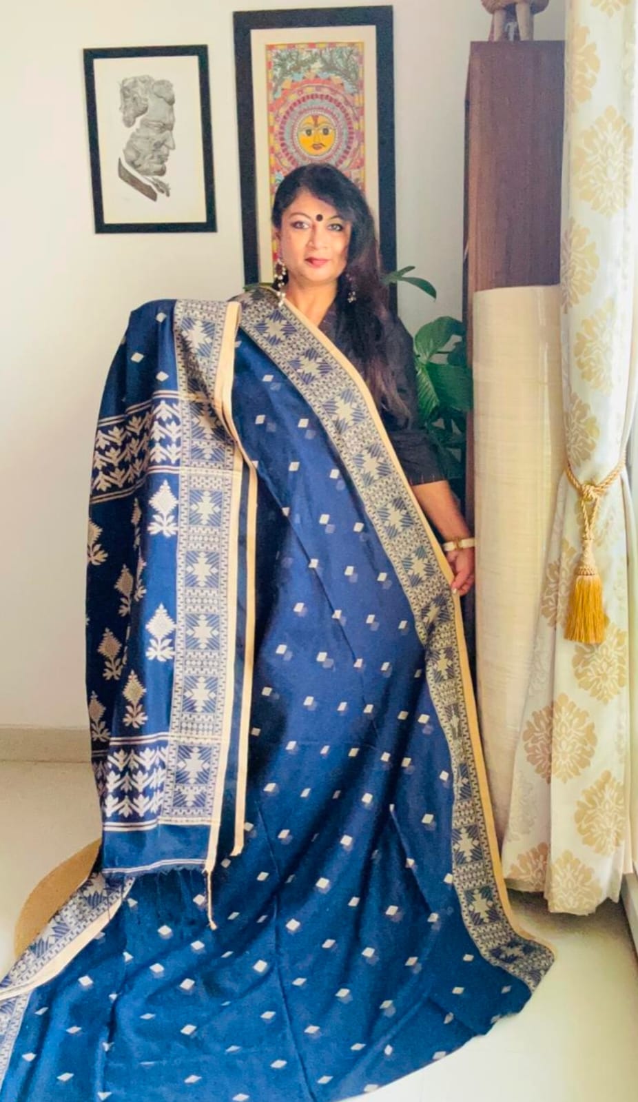 Handcrafted Navy Blue Cotton Khadi Jamdani Saree