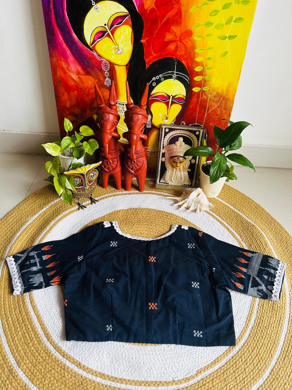 Handcrafted Navy Blue Cotton Jamdani Ready-to-Wear Blouse
