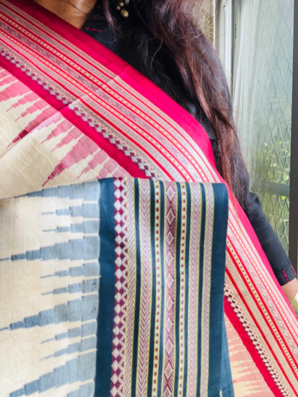 Handcrafted Vidarbha Tussar Saree with Magenta & Blue Karvati Border