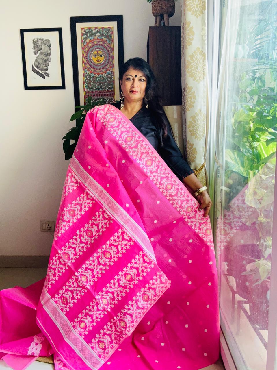 Handcrafted Fuchsia Pink Cotton Bengal Jamdani Saree