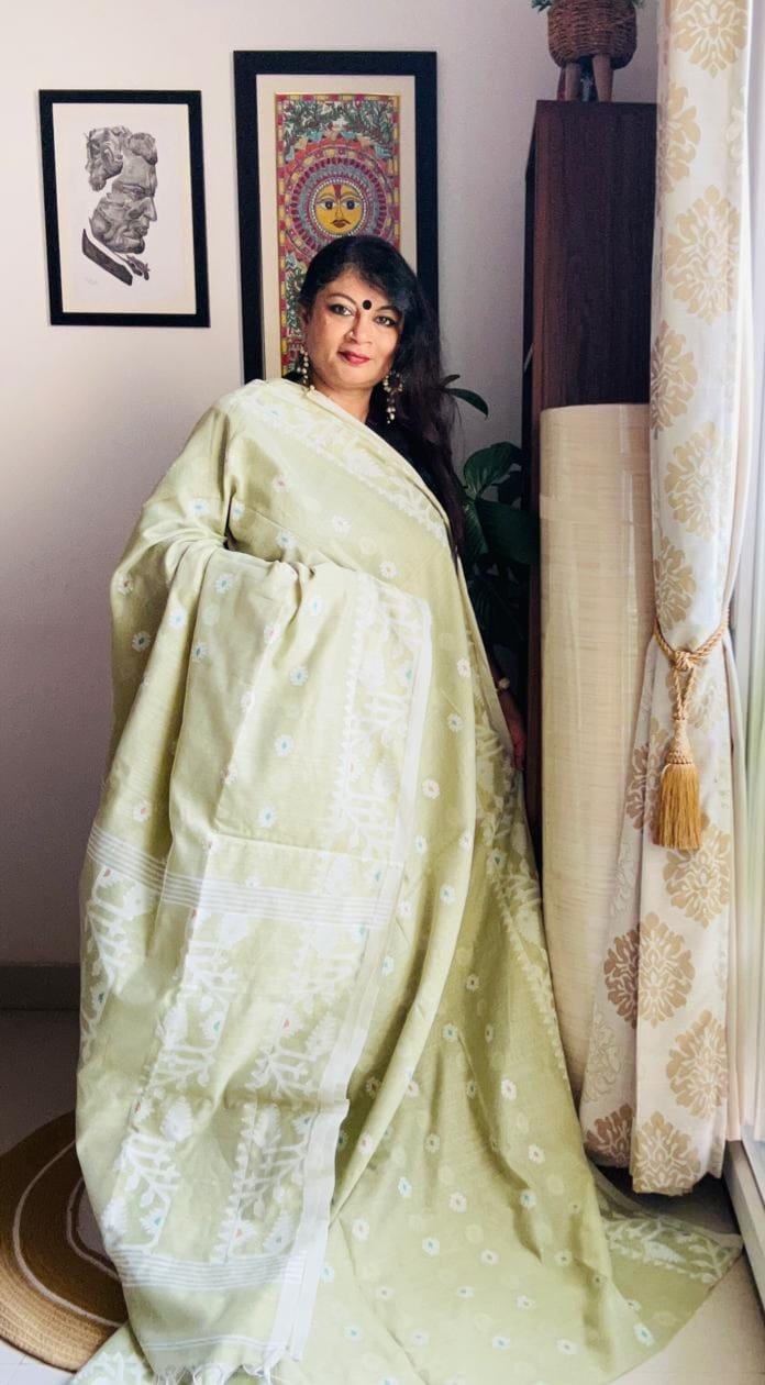 Handcrafted Pista Green Cotton Silk Soft Jamdani Saree
