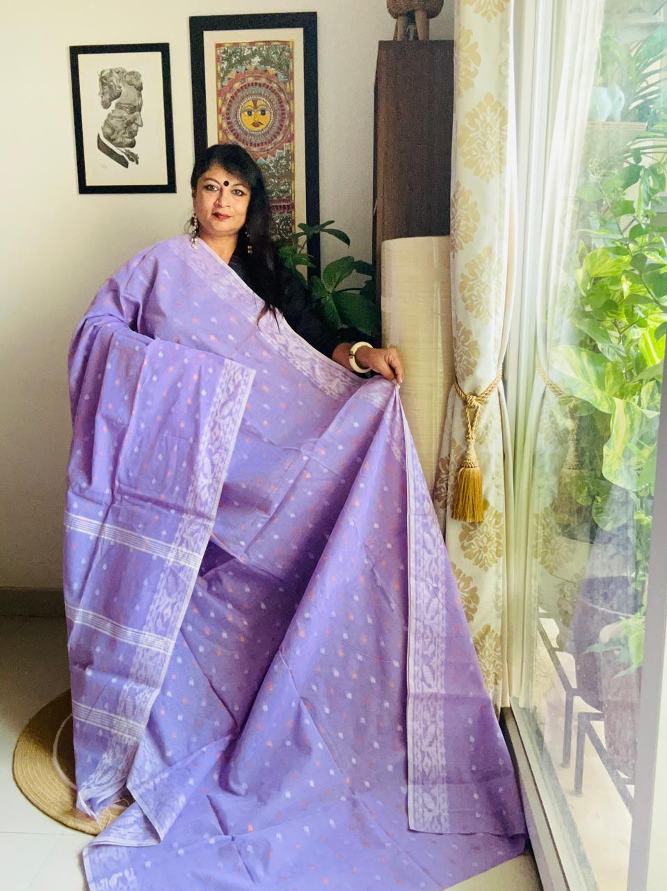 Handcrafted Mauve Cotton Bengal Jamdani Saree