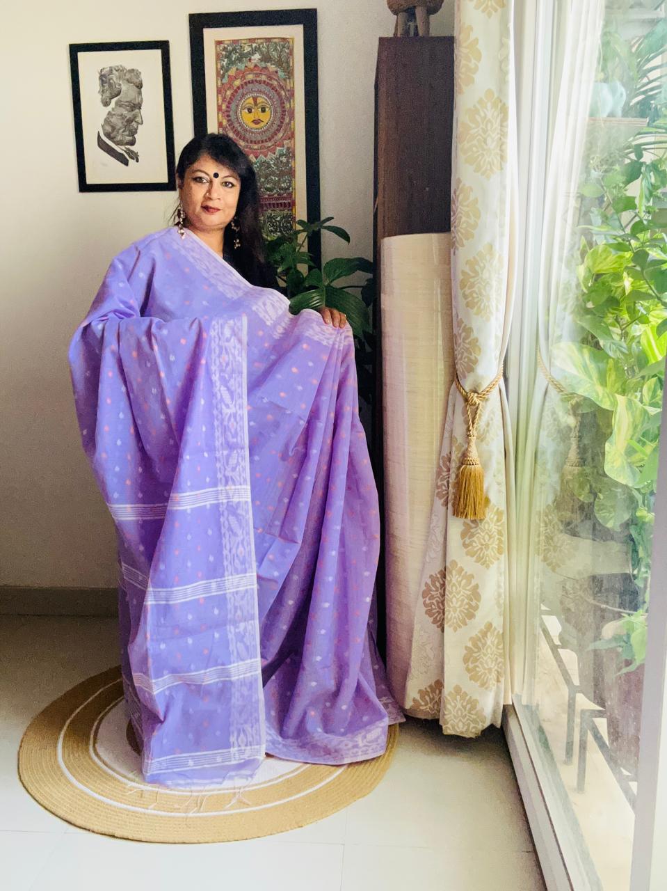 Handcrafted Mauve Cotton Bengal Jamdani Saree
