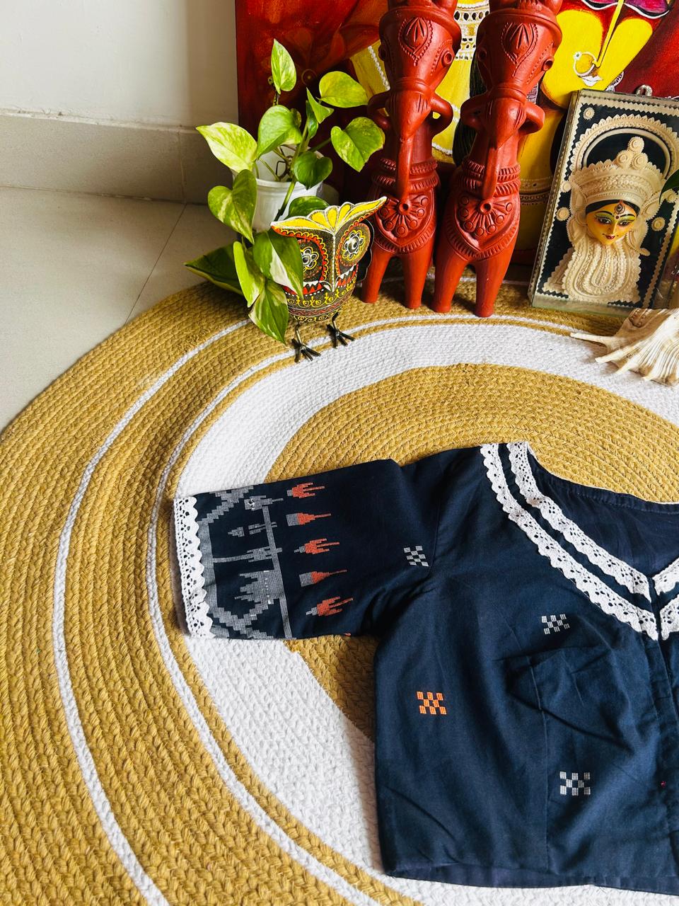 Handcrafted Navy Blue Cotton Jamdani Ready-to-Wear Blouse