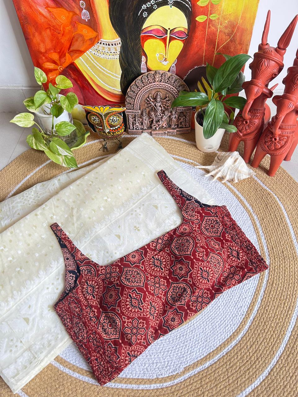 Maroon and Indigo Hand Block Printed Ajrakh Cotton Reversible Readymade Blouse