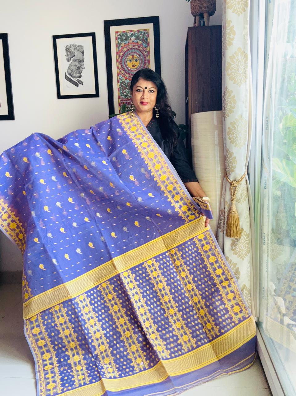 Handcrafted Violet Blue Cotton Bengal Jamdani Saree with Yellow Motifs