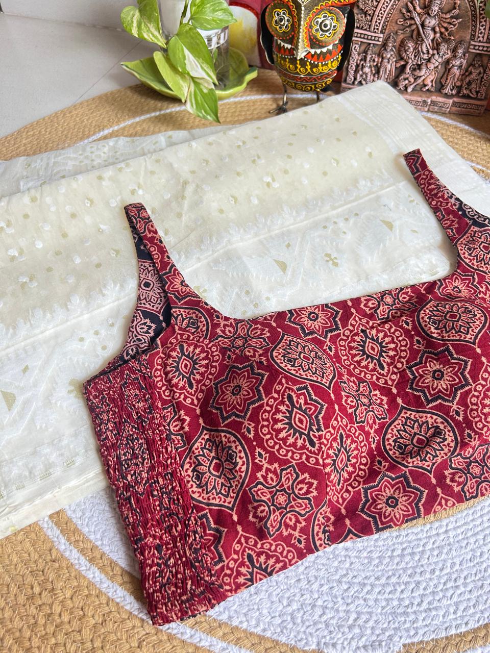 Maroon and Indigo Hand Block Printed Ajrakh Cotton Reversible Readymade Blouse