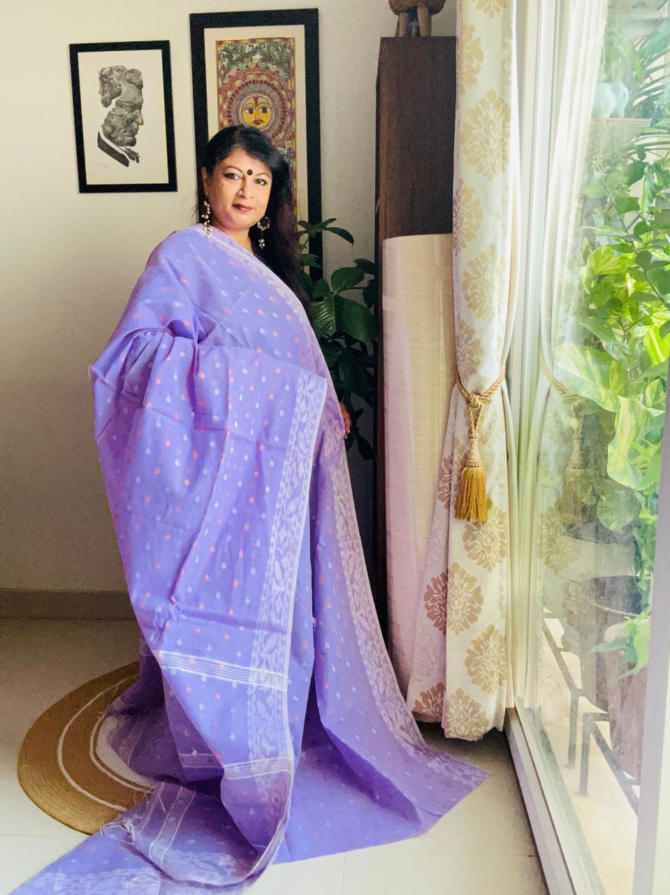 Handcrafted Mauve Cotton Bengal Jamdani Saree