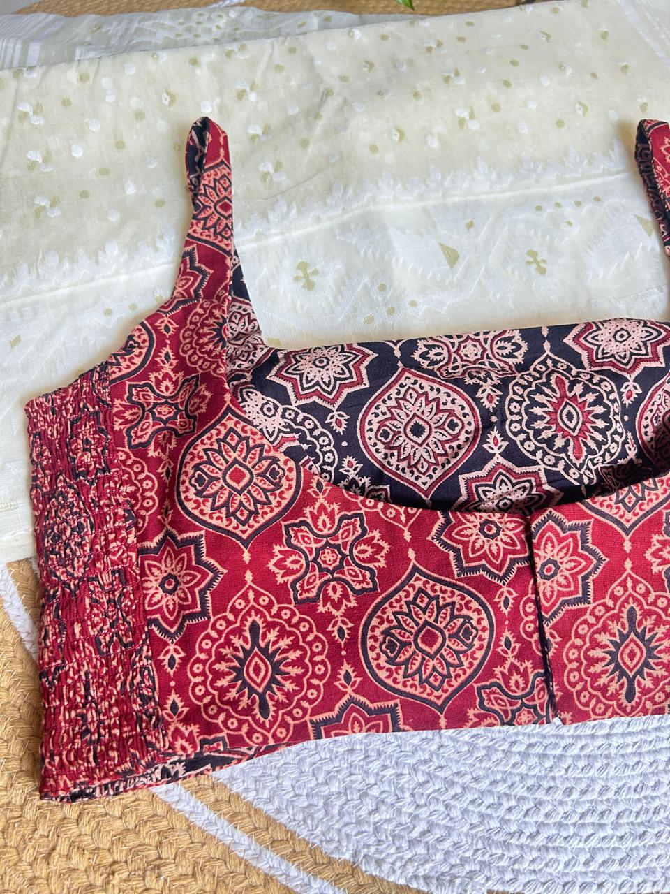 Maroon and Indigo Hand Block Printed Ajrakh Cotton Reversible Readymade Blouse