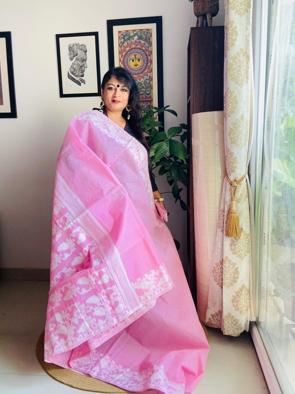 Handcrafted Candy Pink Cotton Jamdani Saree