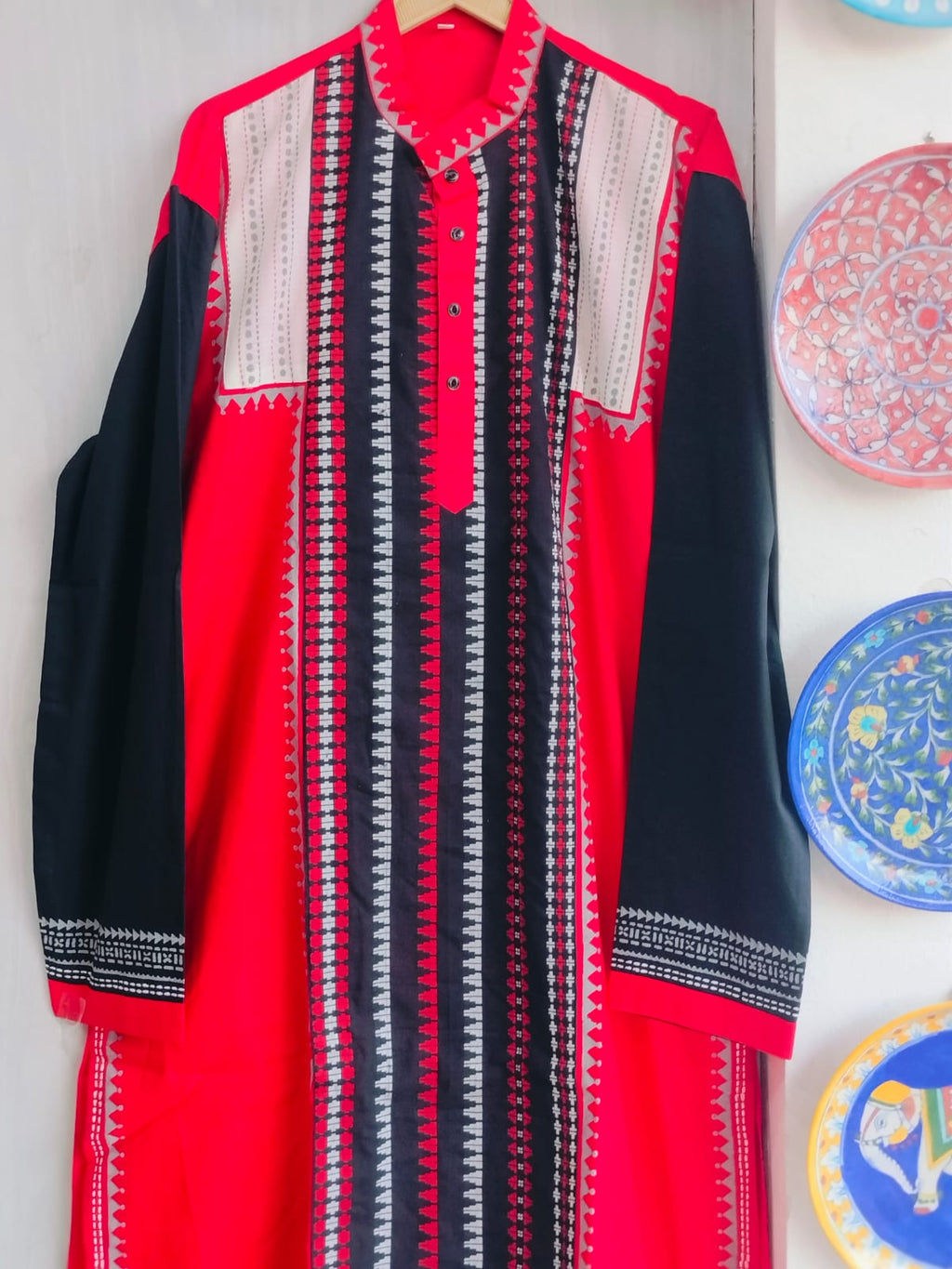 Gents Handcrafted Crimson Red & Black Cotton Kurta with Geometric Patchwork