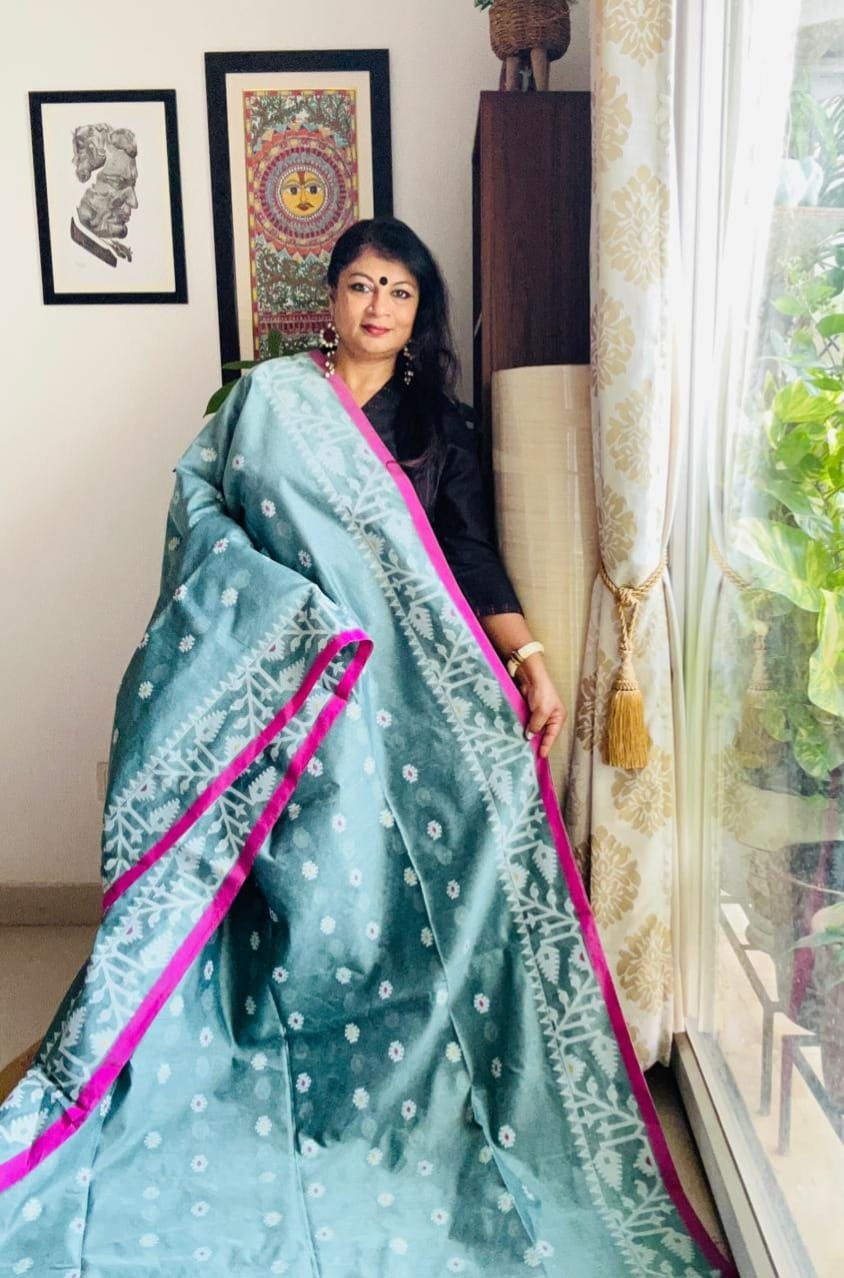 Handcrafted Teal Cotton Silk Bengal Jamdani Saree with Pink Border