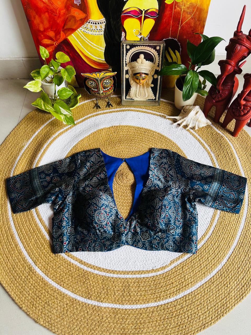 Handcrafted Indigo Blue Ajrakh Modal Silk Padded Blouse