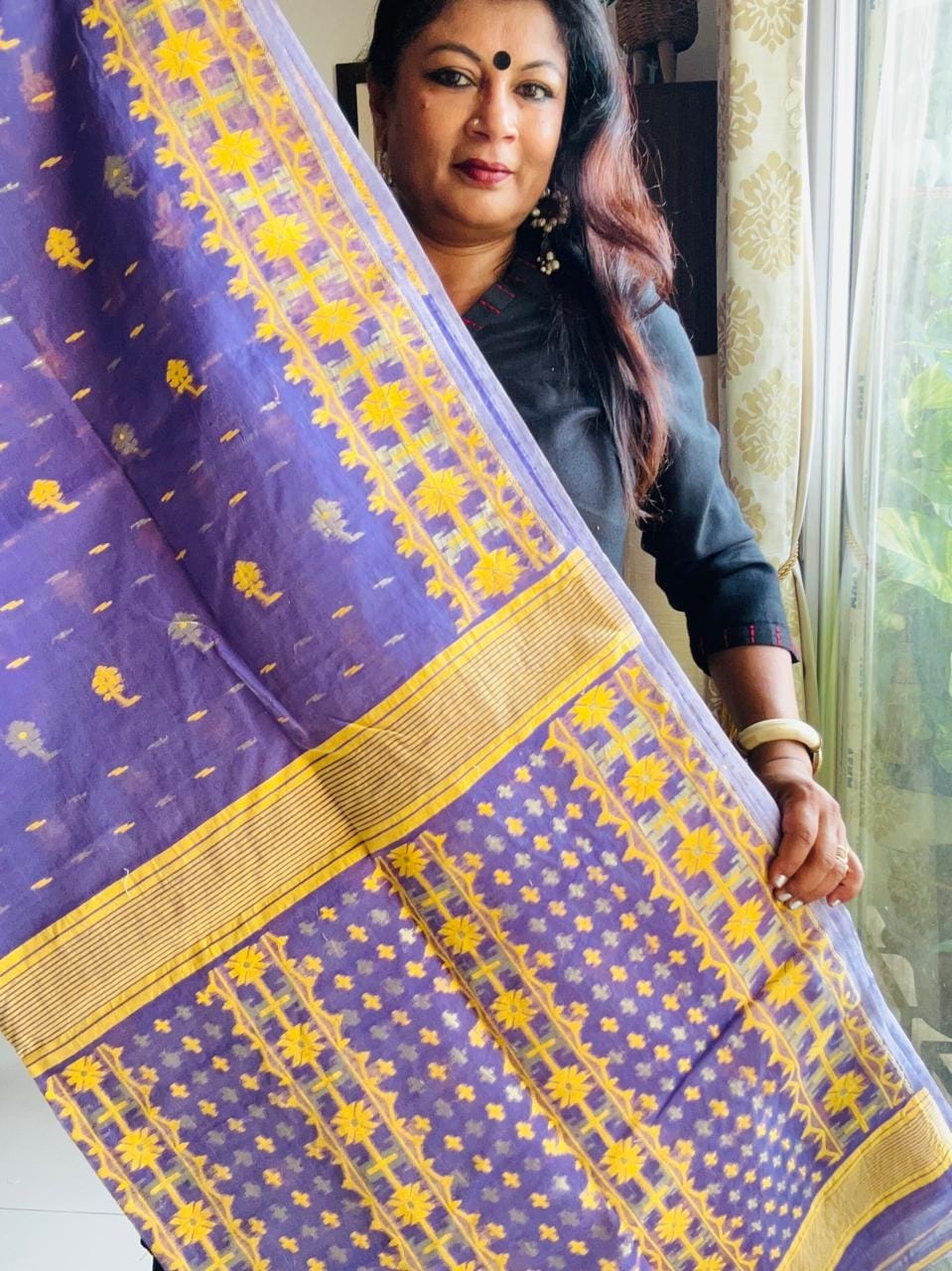 Handcrafted Violet Blue Cotton Bengal Jamdani Saree with Yellow Motifs