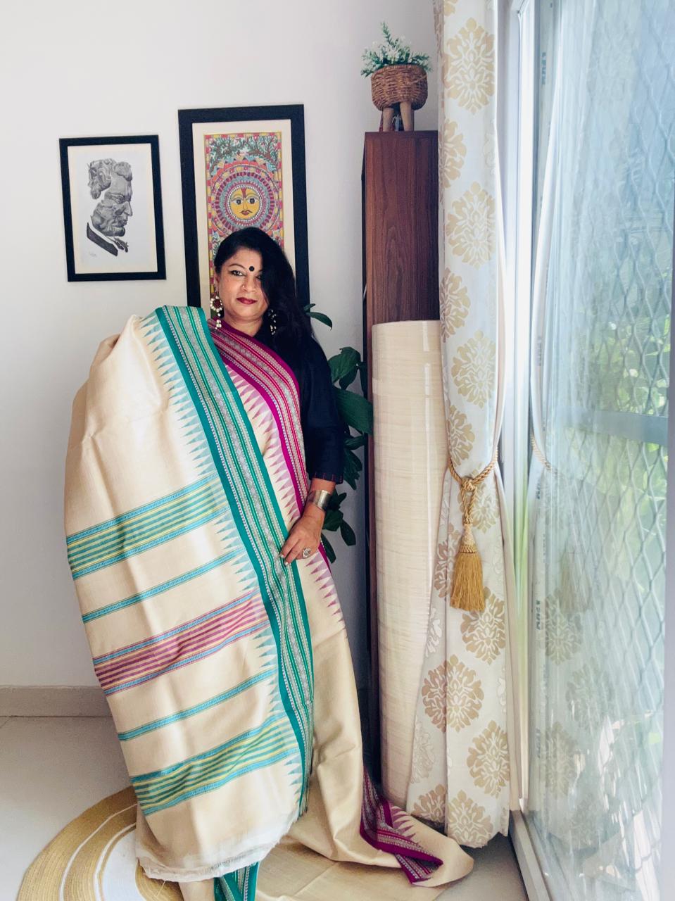 Handcrafted Vidarbha Tussar Saree with Magenta & Leaf Green Karvati Border