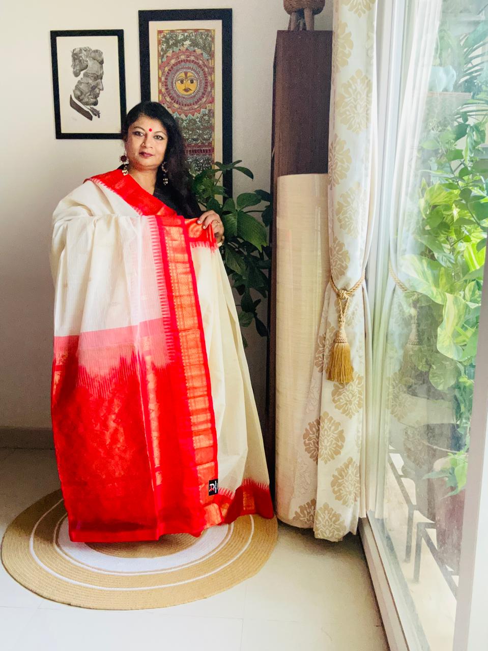 Handcrafted White Gadwal Cotton Saree with Red Zari Border
