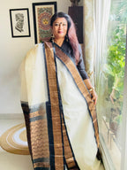 Handcrafted White Gadwal Cotton Saree with Bronze & Black Zari Border