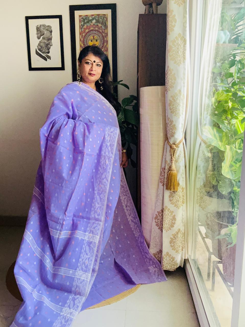 Handcrafted Mauve Cotton Bengal Jamdani Saree