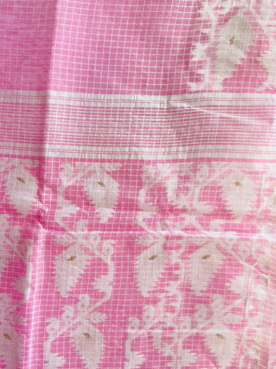 Handcrafted Candy Pink Cotton Jamdani Saree