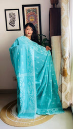 Handcrafted Sea Green Cotton Silk Soft Jamdani Saree