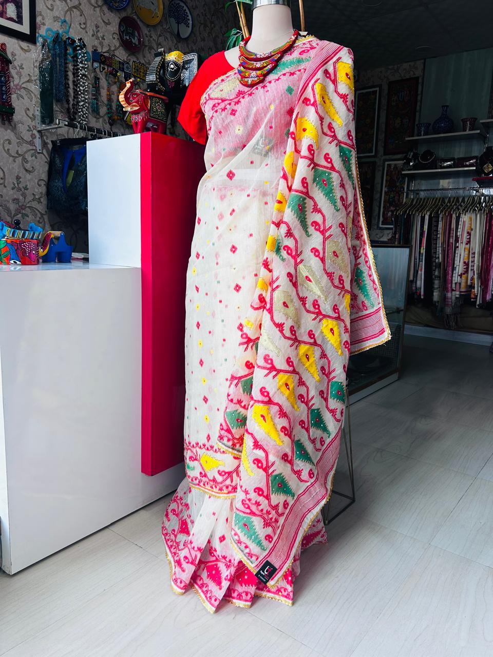 Handcrafted White Jamdani Saree with Multi-Colour Cutdana Work
