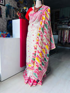 Handcrafted White Jamdani Saree with Multi-Colour Cutdana Work