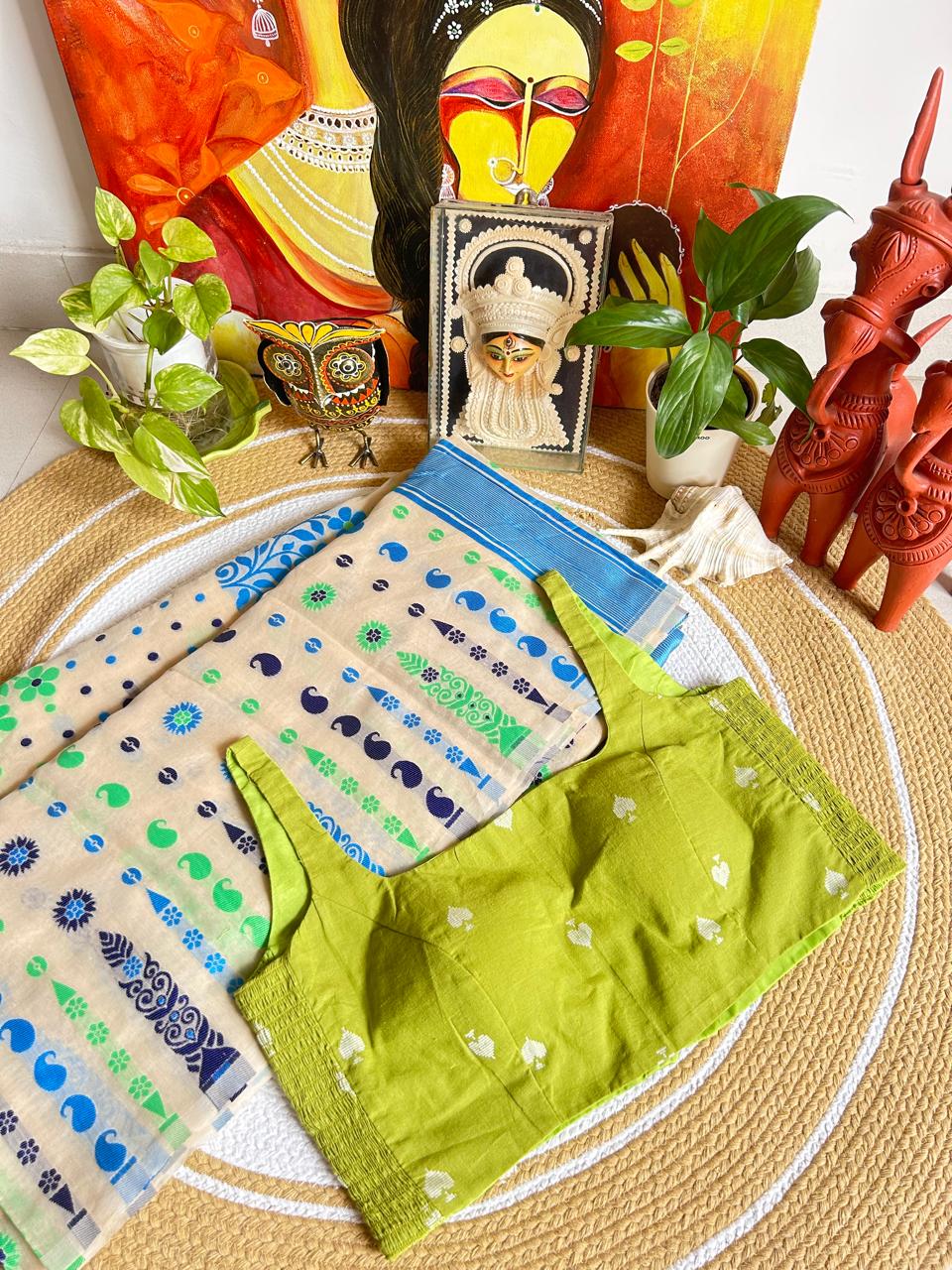 Leaf Green Pure Cotton Woven Spade Motif Stretchable Readymade Blouse
