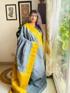 Handcrafted Charcoal Grey Gadwal Cotton Saree with Yellow Zari Border