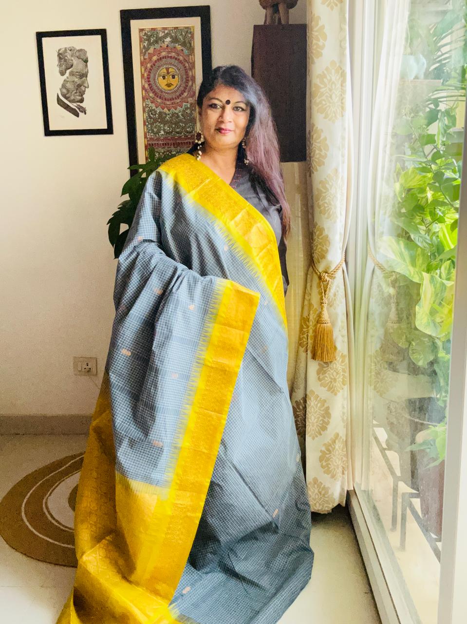 Handcrafted Charcoal Grey Gadwal Cotton Saree with Yellow Zari Border