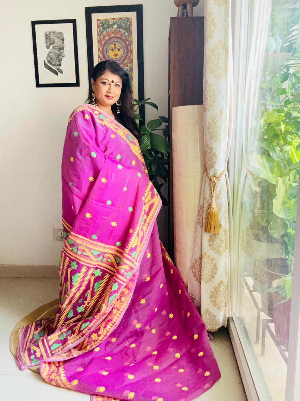 Handcrafted Orchid Magenta Cotton Silk Soft Jamdani Saree