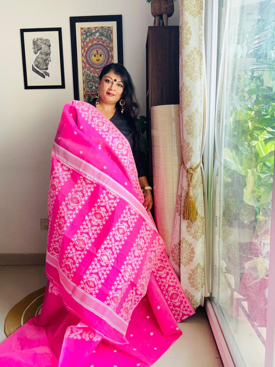 Handcrafted Fuchsia Pink Cotton Bengal Jamdani Saree