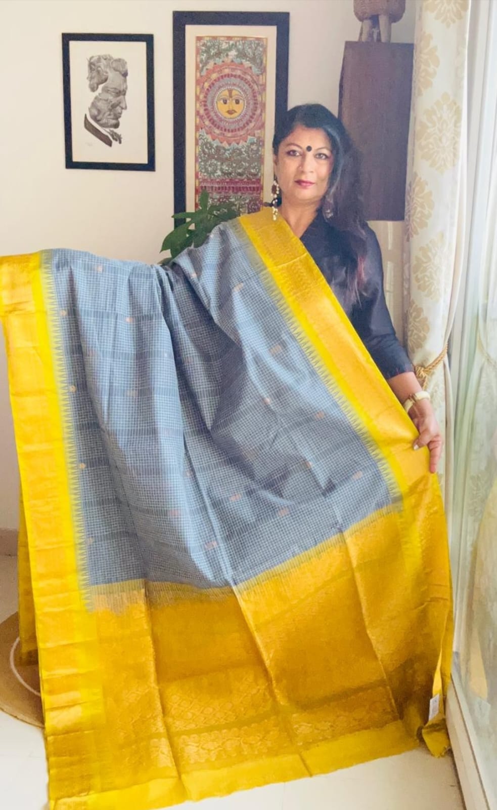 Handcrafted Charcoal Grey Gadwal Cotton Saree with Yellow Zari Border