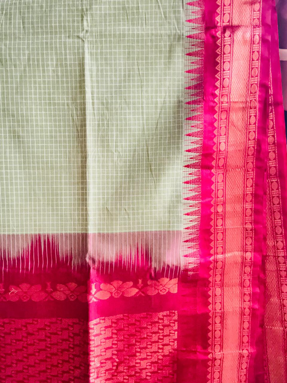 Handcrafted Dark Pista Green Gadwal Cotton Saree with Red Zari Border
