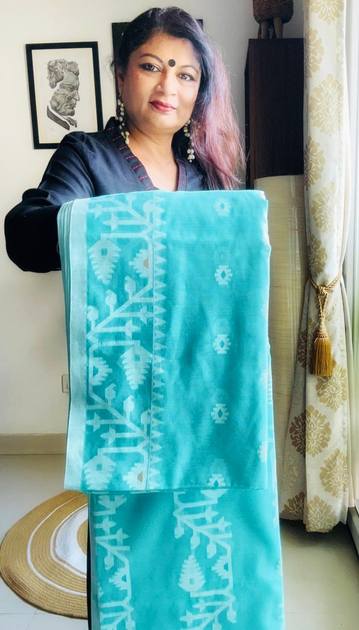 Handcrafted Sea Green Cotton Silk Soft Jamdani Saree