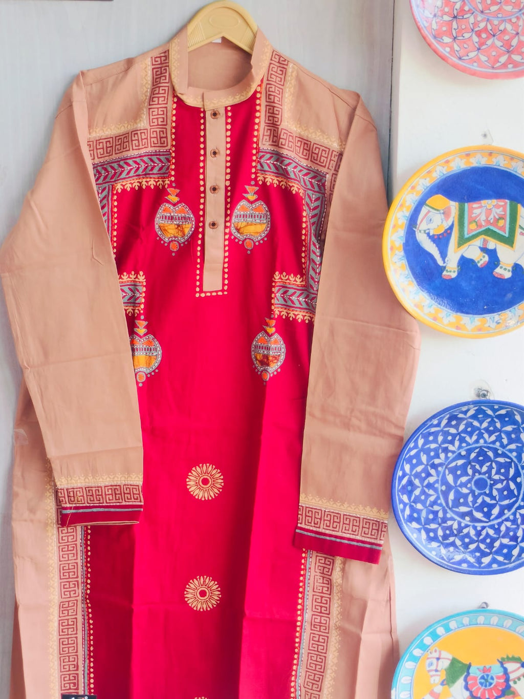 Handcrafted Crimson & Beige Cotton Men's Kurta with Kantha Applique Yoke