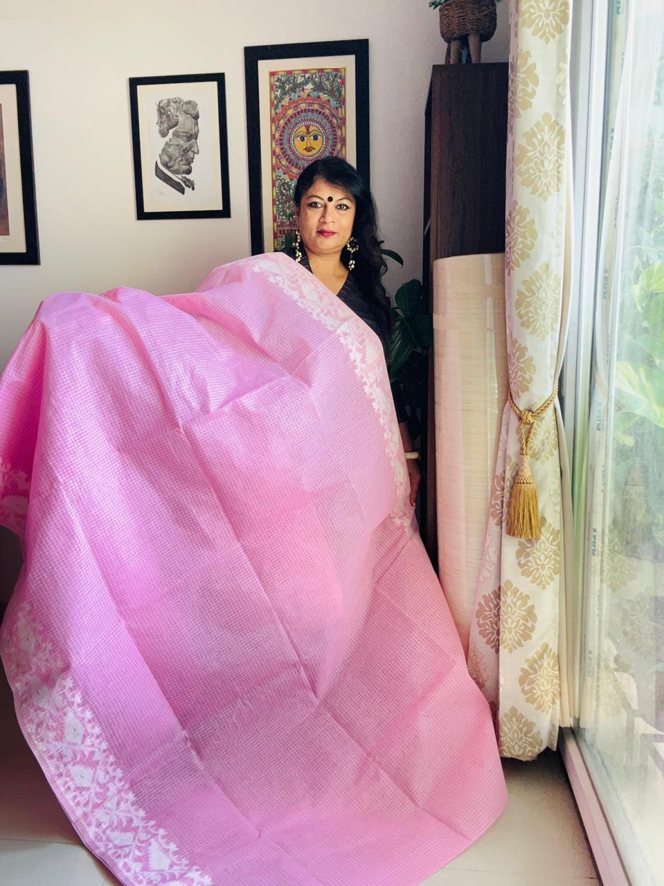 Handcrafted Candy Pink Cotton Jamdani Saree