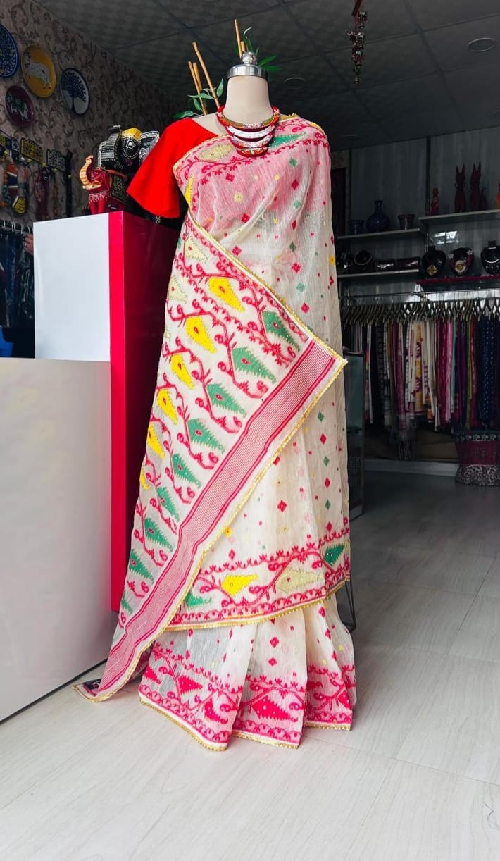 Handcrafted White Jamdani Saree with Multi-Colour Cutdana Work