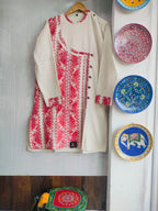 Gents Handcrafted Off-White Pure Cotton Kurta with Jamdani Panels