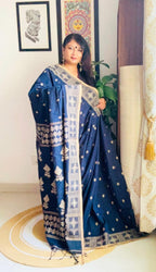 Handcrafted Navy Blue Cotton Khadi Jamdani Saree