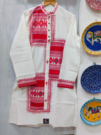 Handcrafted Off-White Cotton Men's Kurta with Sambalpuri Ikat Patchwork