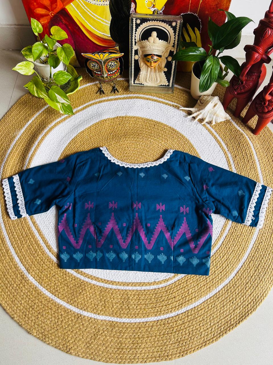 Handcrafted Azure Blue Cotton Jamdani Ready-to-Wear Blouse