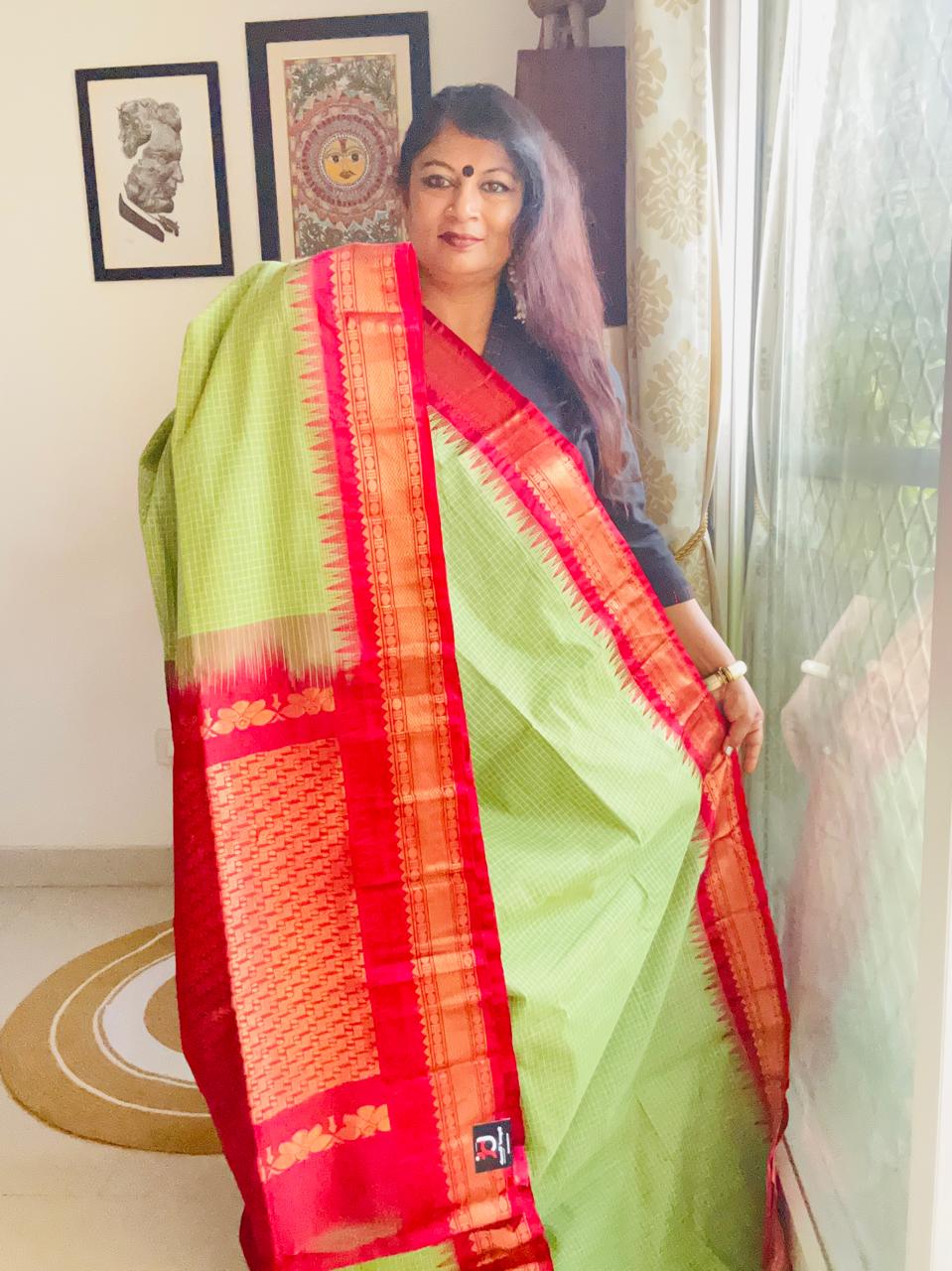 Handcrafted Dark Pista Green Gadwal Cotton Saree with Red Zari Border