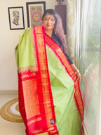 Handcrafted Dark Pista Green Gadwal Cotton Saree with Red Zari Border