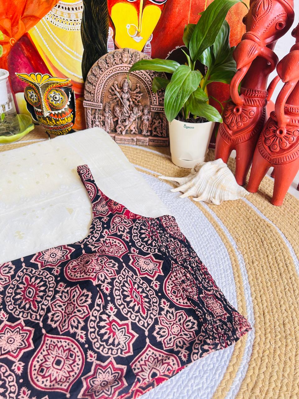 Maroon and Indigo Hand Block Printed Ajrakh Cotton Reversible Readymade Blouse